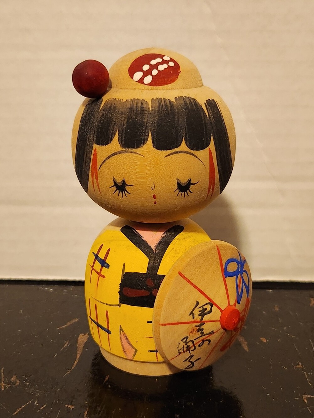 Vintage Kokeshi Japanese Wooden Doll with Umbrella Handmade 4.5" Tall